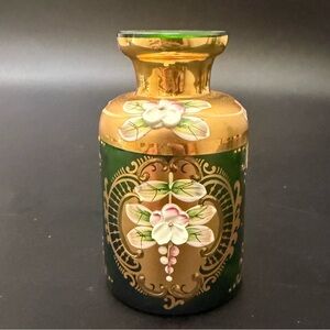 Vintage Hand-painted Flower Bohemian Emerald Green 3” Mini Bottle NO LID